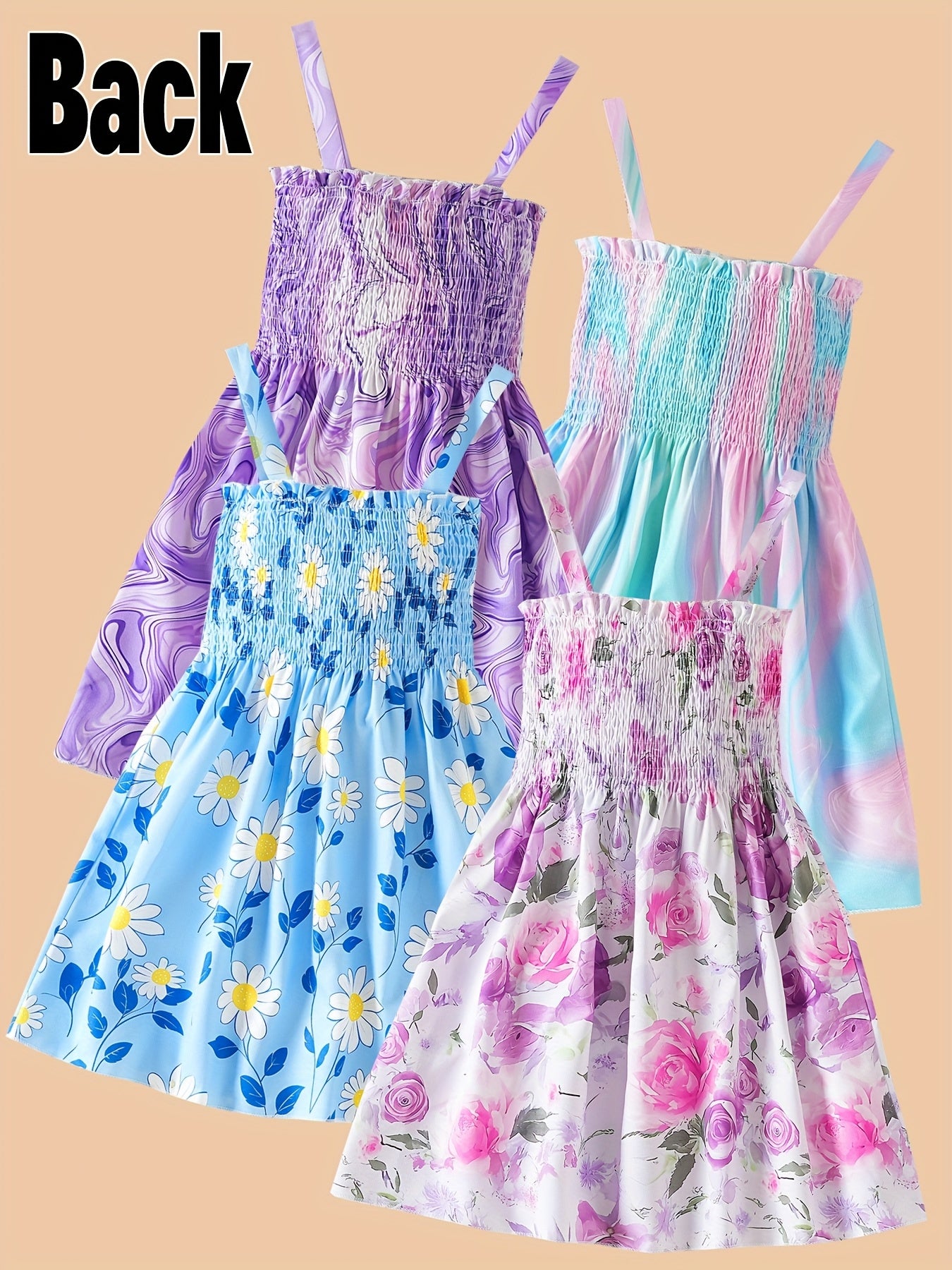 4pcs Girls' Floral Print Sleeveless Dresses - Off-Shoulder Princess Party Dresses with Ruffled Skirts, Light Blue & Pink Floral Patterns, Perfect for Summer Events, Princess Dresses for Girls, Event Attire, Offshoulder Design - The Superior Findings Depot