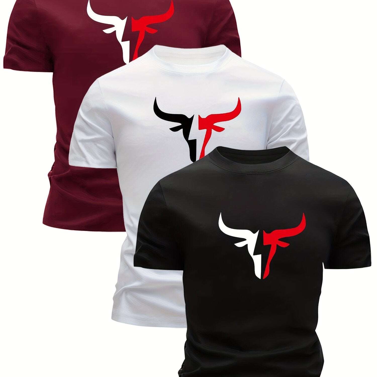 3pcs Print Bull Head Pattern T-Shirt - Men's Ultra-Lightweight, Quick-Dry Casual Summer Shirt, Perfect Gift - The Superior Findings Depot