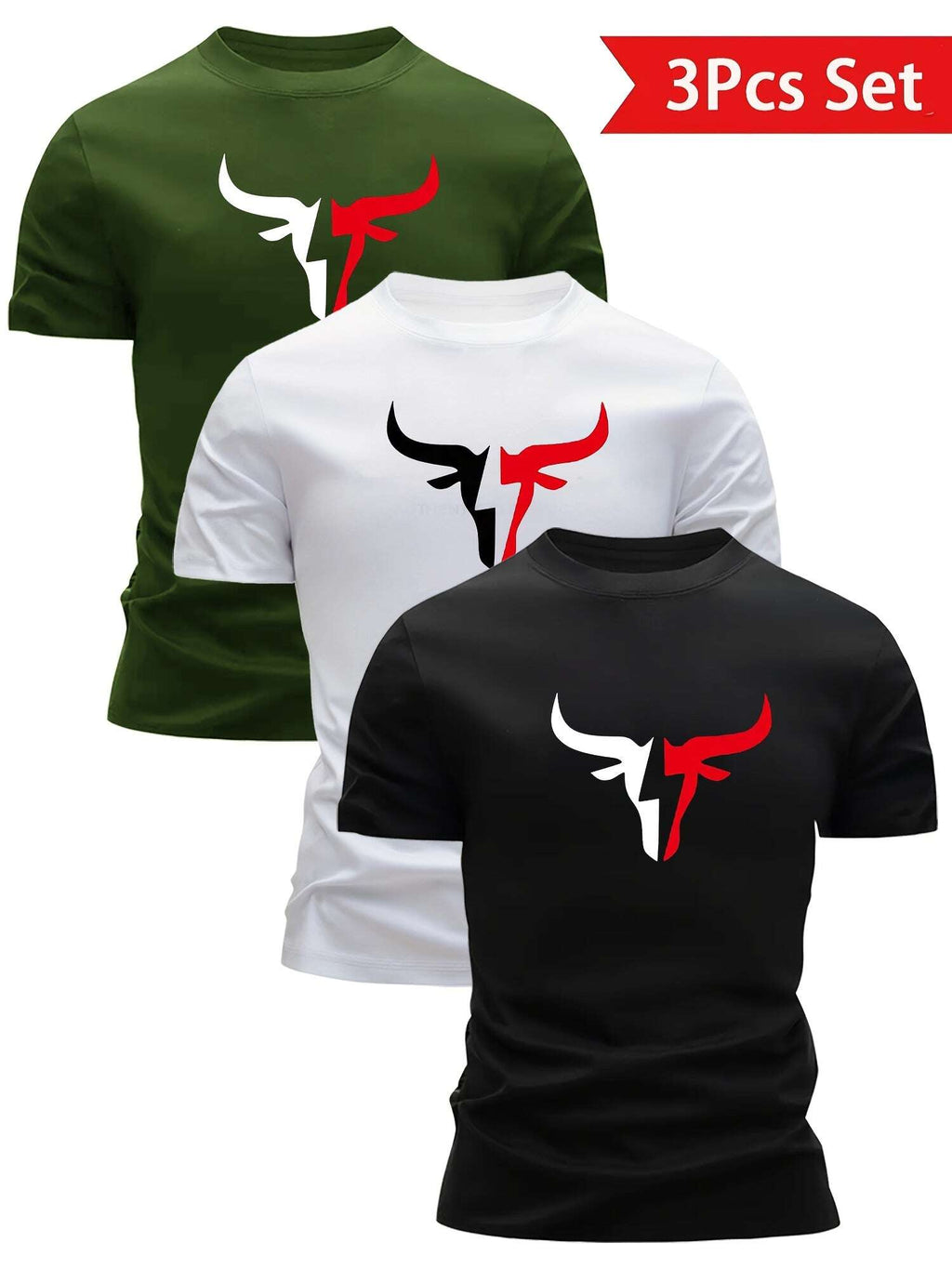 3pcs Print Bull Head Pattern T-Shirt - Men's Ultra-Lightweight, Quick-Dry Casual Summer Shirt, Perfect Gift - The Superior Findings Depot