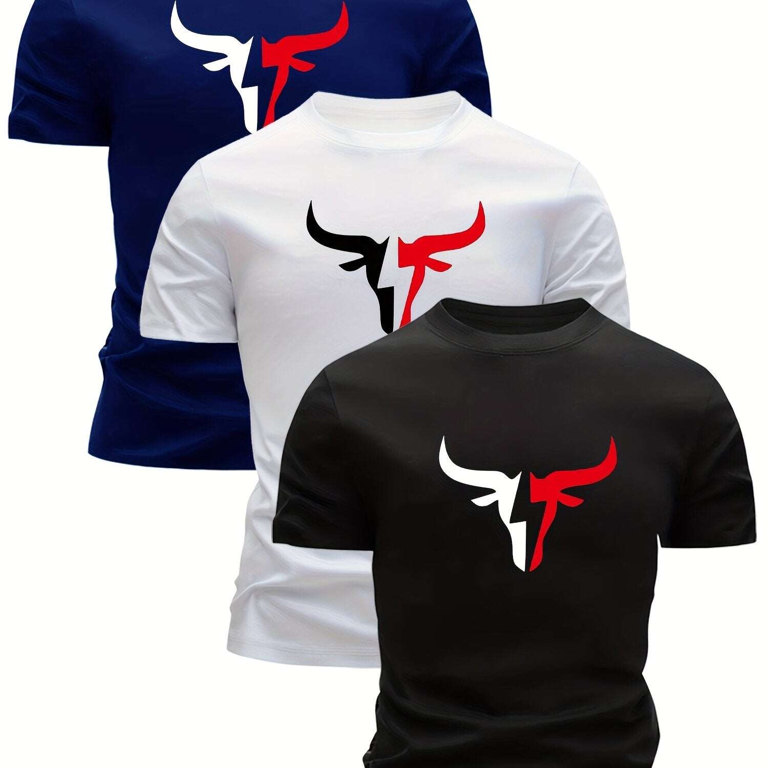 3pcs Print Bull Head Pattern T-Shirt - Men's Ultra-Lightweight, Quick-Dry Casual Summer Shirt, Perfect Gift - The Superior Findings Depot