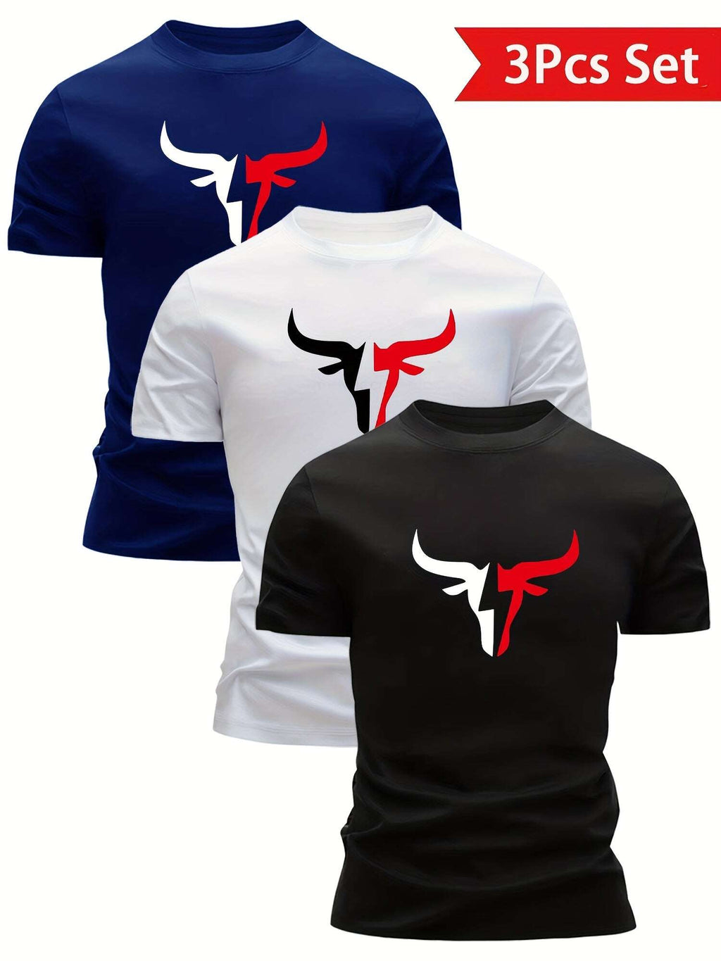 3pcs Print Bull Head Pattern T-Shirt - Men's Ultra-Lightweight, Quick-Dry Casual Summer Shirt, Perfect Gift - The Superior Findings Depot