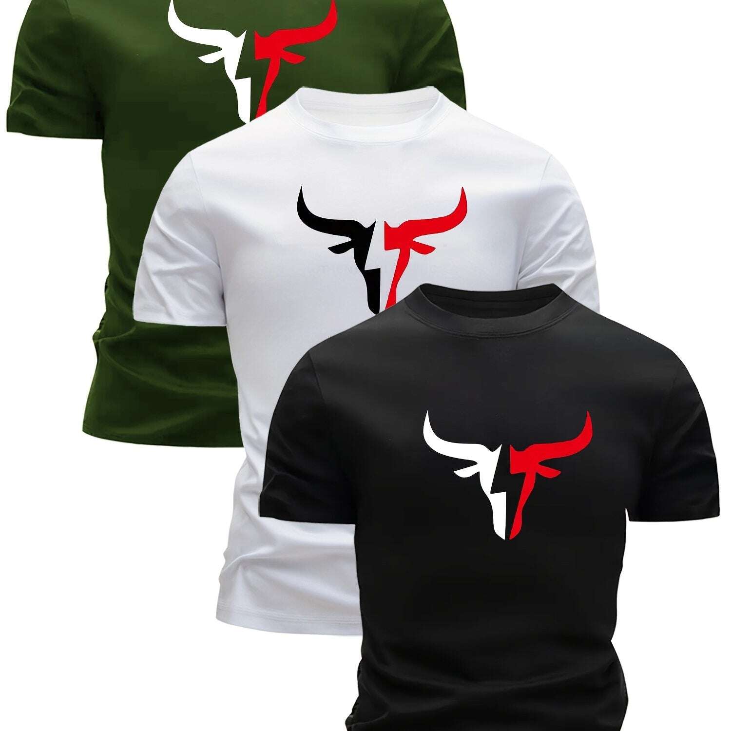 3pcs Print Bull Head Pattern T-Shirt - Men's Ultra-Lightweight, Quick-Dry Casual Summer Shirt, Perfect Gift - The Superior Findings Depot