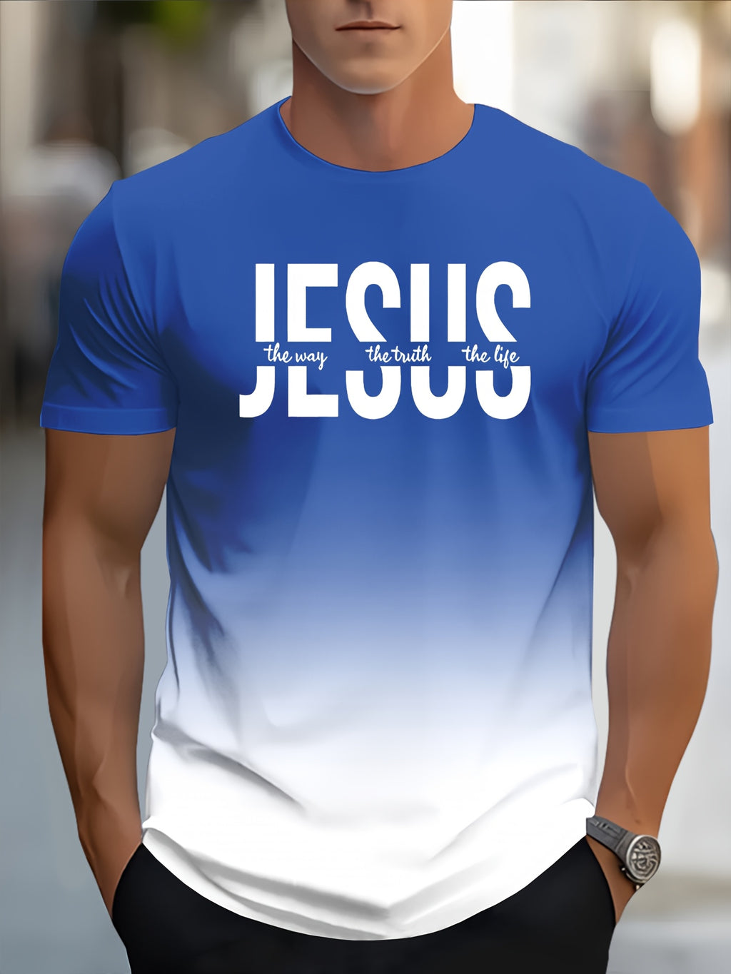 Men's Short Sleeve T-Shirt with Bold "JESUS THE WAY TRUTH LIFE" Print - Green & White Gradient Casual Round Neck Tee, Machine Washable Regular Fit Religious Graphic Top - The Superior Findings Depot