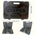 [Mechanical Tool Socket Set] 216/46pcs Mechanical Tool Socket Set, 1/2” 1/4” 3/8” Drive SAE and Metric Sizes, Universal Ratchet Wrench Kit with 72-Tooth Ratchets for Automotive, Home, Garage, Bicycle Trunk Use - The Superior Findings Depot