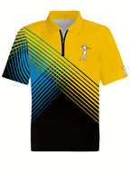 [Neon Polo Shirt] Neon Color Block 3D Digital Print Men's Summer Short Sleeve Polo Shirt | Casual Style, Regular Fit, 100% Polyester, Half Placket, Zipper Detail, Slight Stretch, 150g/m² - Yellow/Blue/Black