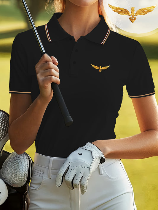 Women'S Black Polo Shirt with Logo - Casual Short Sleeve Golf Top, Summer Style, No Belt, Conventional Fit, Golf Apparel | Casual Golf Top | Stretchable Fabric