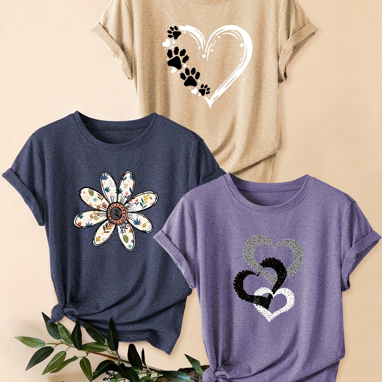 3pcs Women's Vintage-Inspired Graphic Tees - Floral & Heart Print Casual Short Sleeve T-Shirts, Soft Stretch Round Neck Tops for Spring Summer Fall,, Teal & Lavender, Seasonal Fashion, Artistic Design, Lightweight Tee, Printe - The Superior Findings Depot