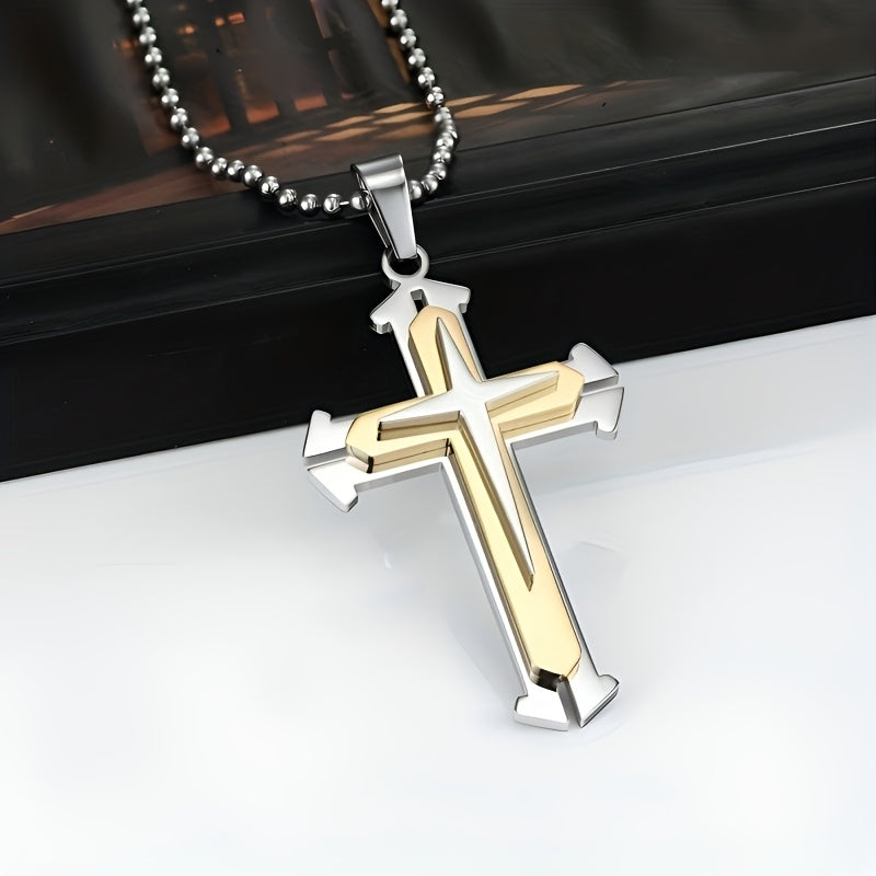 Stylish Cross Pendant Necklace - Cool Multi-Layered Design in 201 Stainless Steel Square Chain - Suitable for Women and Men's Daily Wear, Classic Jewelry Accessory for Outfits, Holidays, Valentine's Day, Mother's Day, Birthda - The Superior Findings Depot