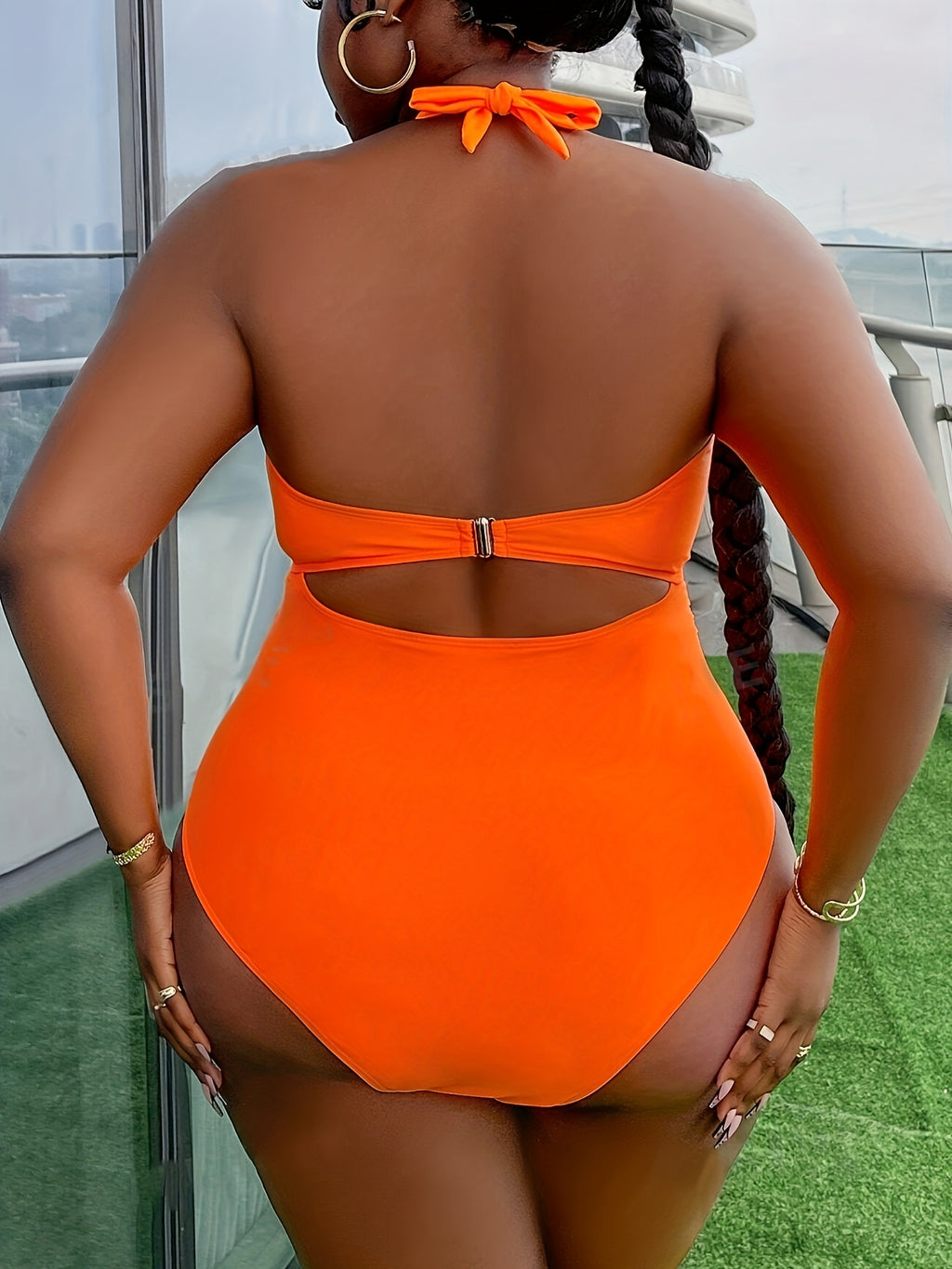 [Plus Size One-Piece Swimsuit] Unyooke Women's Plus Size Sexy Solid Orange One-Piece Swimsuit - Halter Neck High-Stretch Polyester Bathing Suit with Removable Chest Pads, Full Coverage & Smooth Texture for Beach, Pool, Vacati - The Superior Findings Depot