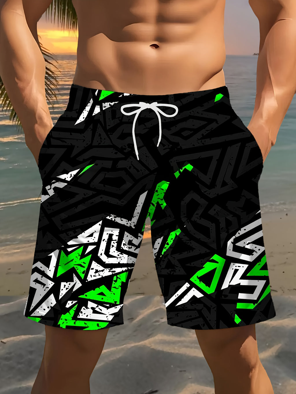 Men's Stylish Geometric Print Beach Shorts - 3D Design Drawstring