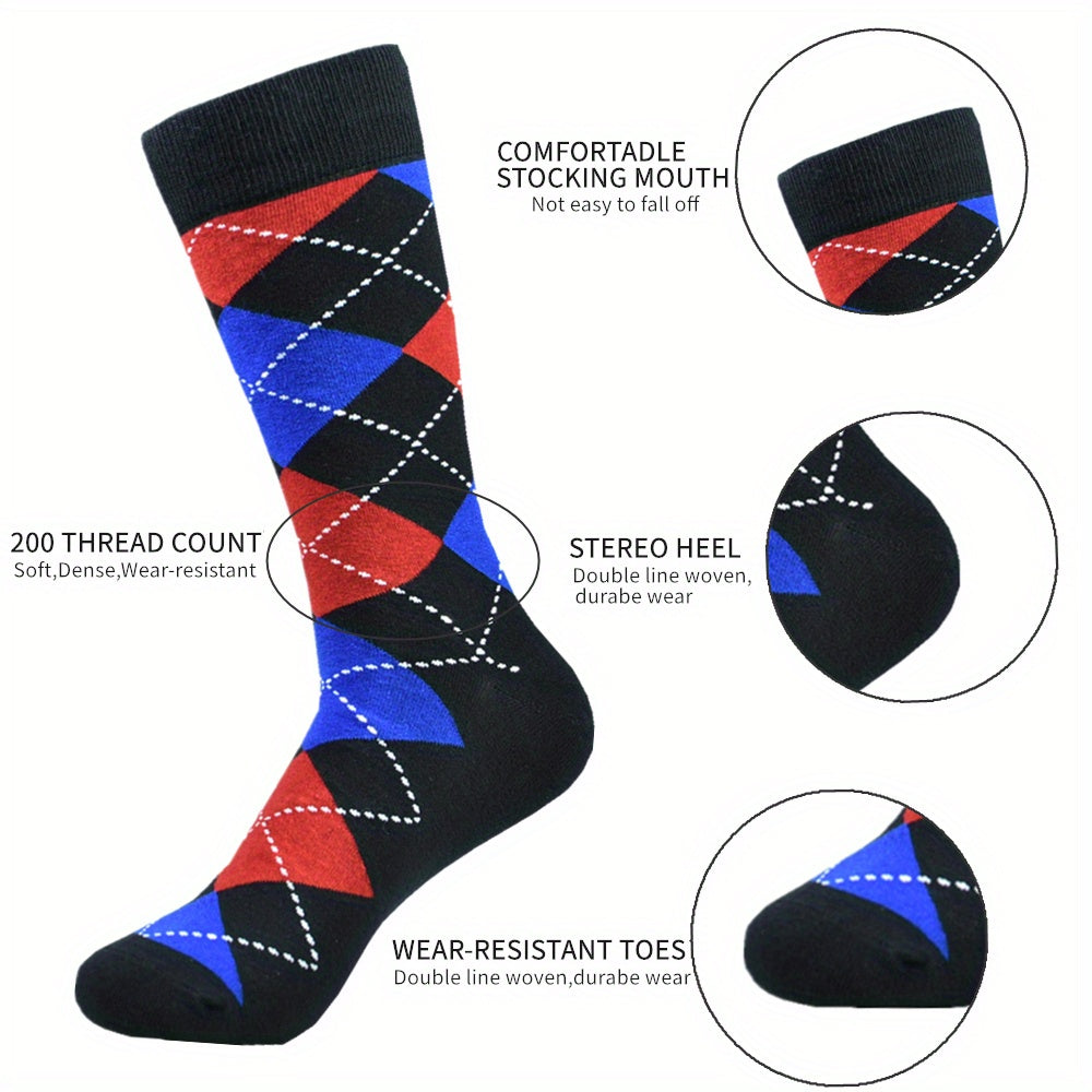 5pairs Men's Cotton Argyle Color Block Soft Crew Socks, Men's Business Socks, Multicolor Set - The Superior Findings Depot