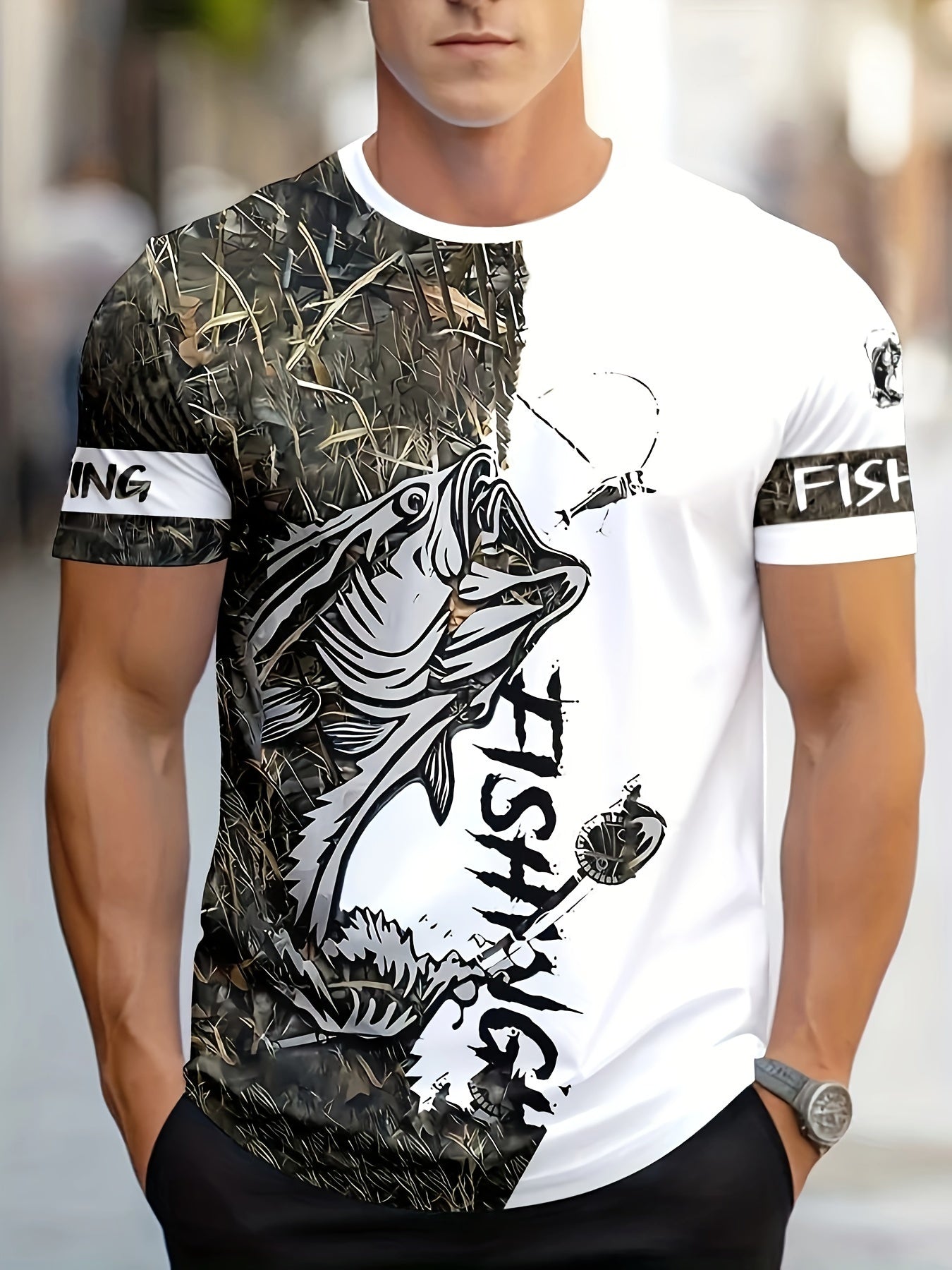 Men's Fashion Casual Crew Neck 3D Fishing Print T-Shirt, 100% Polyester Knit Fabric, Casual Style with Slight Stretch, Regular Fit Animal Pattern Tee