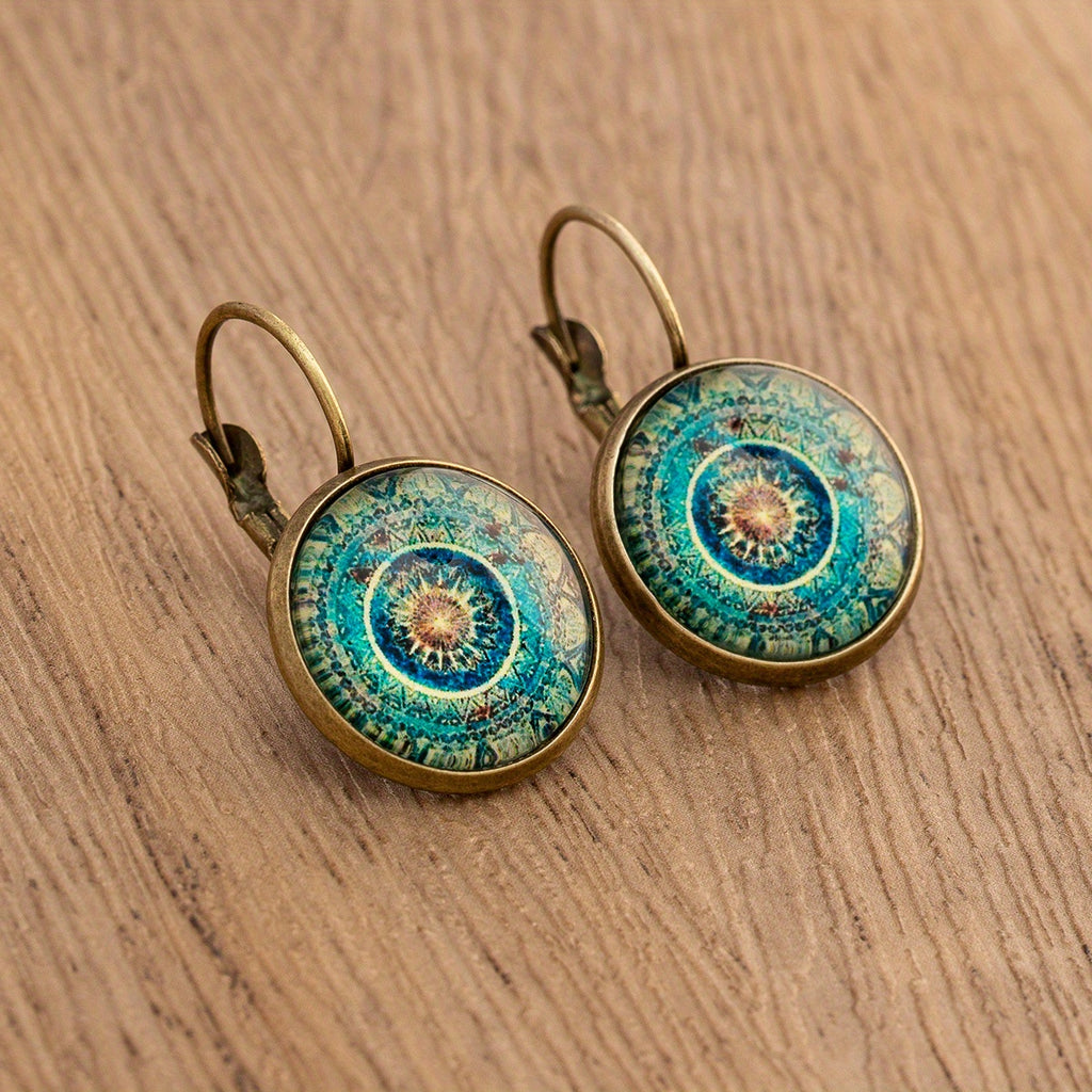 Vintage Ethnic Floral Print Round Dangle Earrings Copper Jewelry Exquisite Gift For Women Girls - The Superior Findings Depot