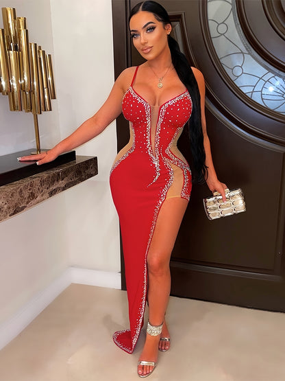 Solid Rhinestone Asymmetrical Sleeveless Dress, Sexy Off Shoulder Split Maxi Dress, Women's Clothing