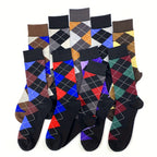5pairs Men's Cotton Argyle Color Block Soft Crew Socks, Men's Business Socks, Multicolor Set - The Superior Findings Depot