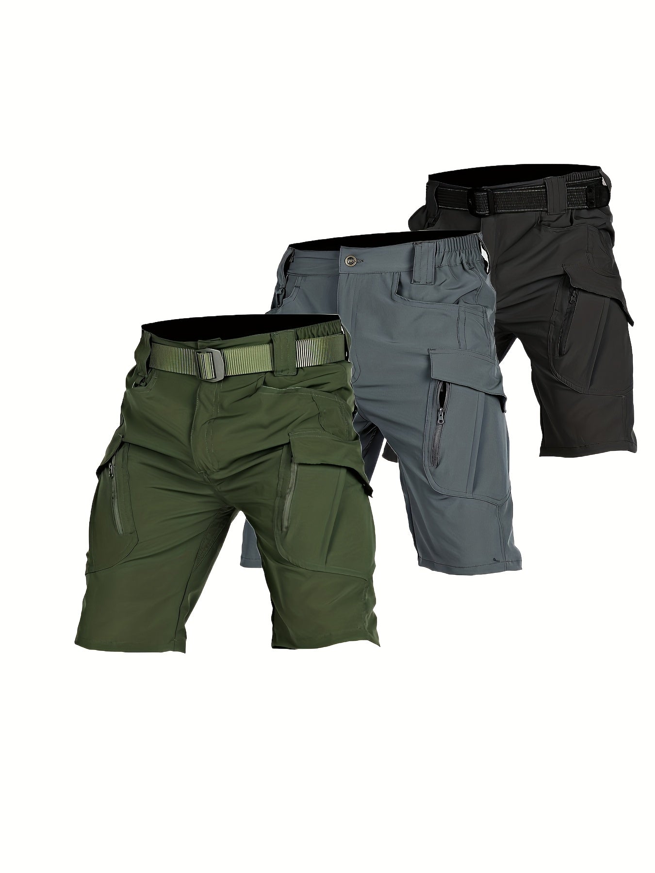 3pcs Men'S Quick-Dry Lightweight Breathable Elastic Waist Tactical Shorts - Summer Outdoor Casual Shorts with Multiple Pockets for Hiking, Running & Training, No Belt Needed, Solid Colors (Olive/Charcoal/Beige), Hiking Shorts - The Superior Findings Depot