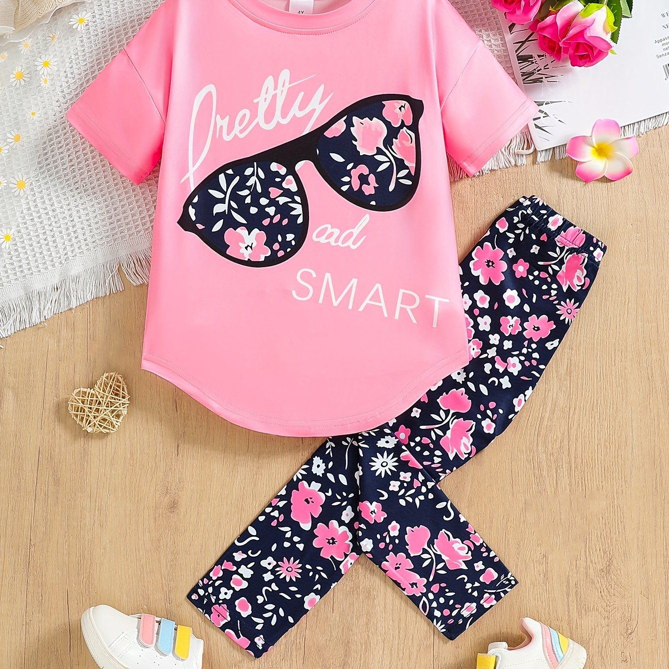 2pcs Girls' Clothing Party Slogan Large Glasses Print Pattern Drop Shoulder Irregular Hem Design Loose Short Sleeve T-Shirt + Floral Print Skinny Nine-Tenths Bottoms Set Girls' Summer Outfit Holiday Gift Girls' Fashion Casual - The Superior Findings Depot