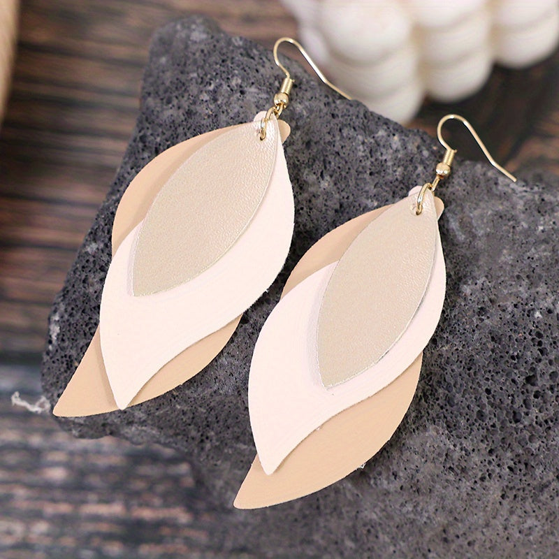 [3-layer Retro Dangle Earrings Gift] 3-layer Leaf Design Retro Dangle Earrings PU Leather Exquisite Gift For Women Daily Casual