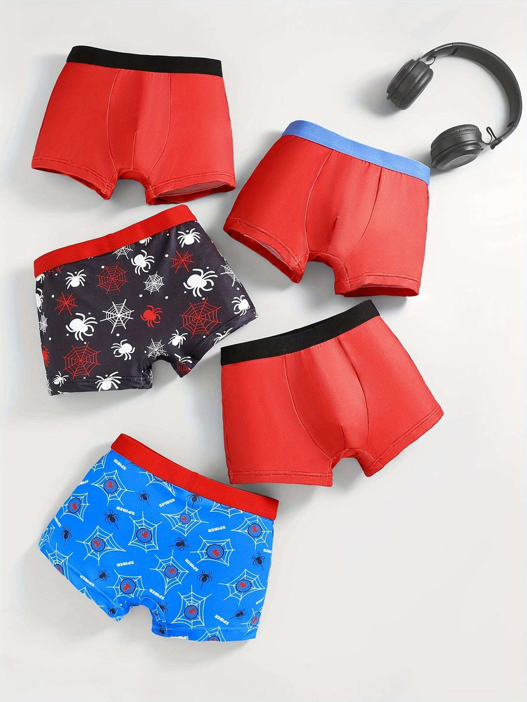 5-Piece Boys' Spider Print Cartoon Soft and Comfortable Lightweight Street Style Underwear for Ages 4-10 - The Superior Findings Depot