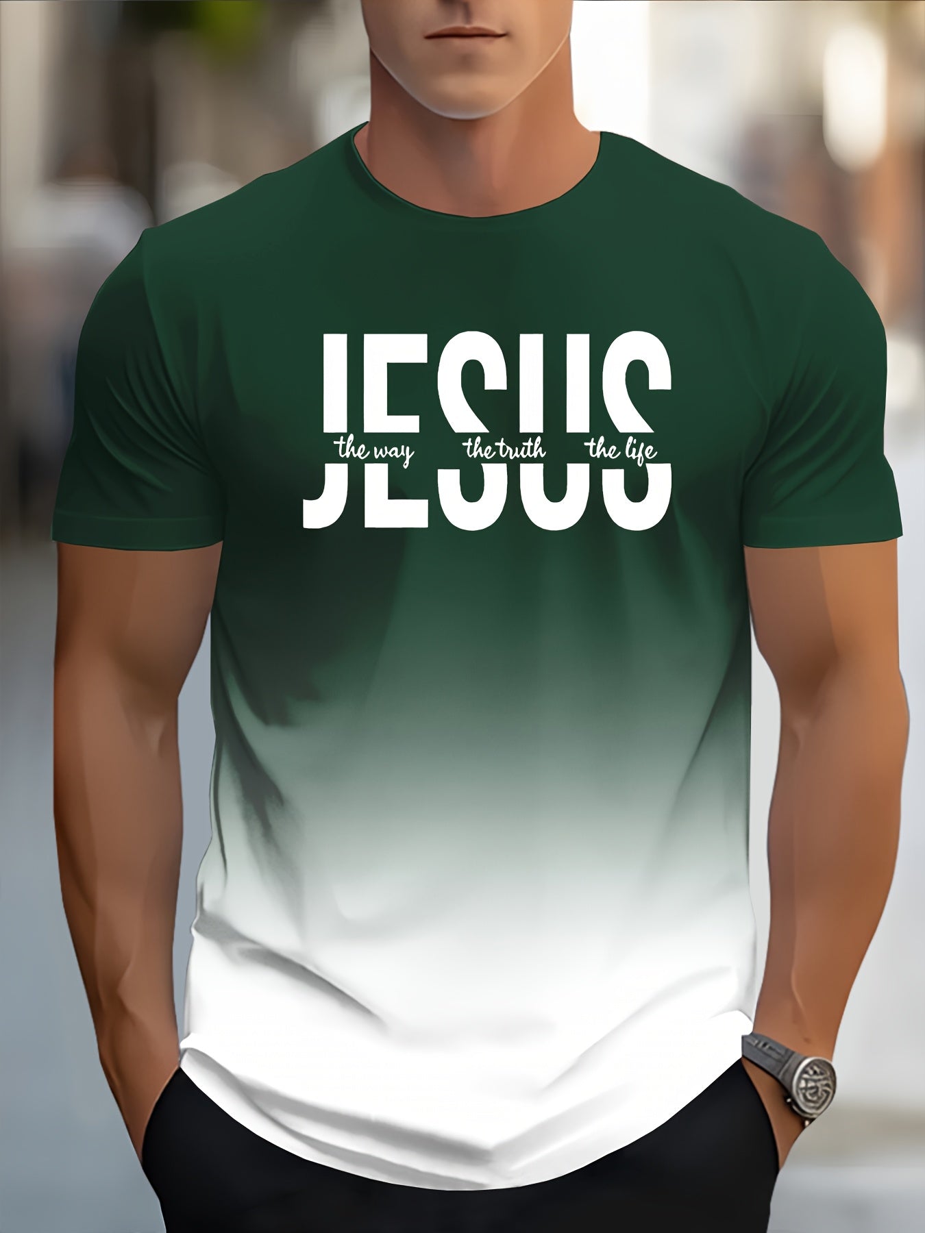 Men's Short Sleeve T-Shirt with Bold "JESUS THE WAY TRUTH LIFE" Print - Green & White Gradient Casual Round Neck Tee, Machine Washable Regular Fit Religious Graphic Top - The Superior Findings Depot