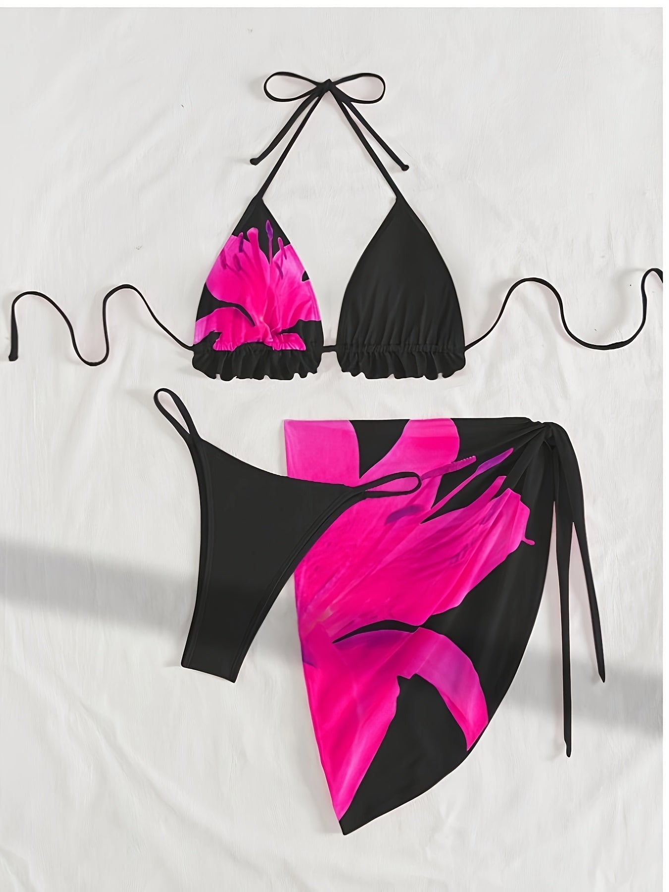 Women'S Black & Pink Floral Print Bikini Set with Ruffled Straps and Bow Detail - High-Stretch Polyester, Sleeveless Swimsuit for Beach or Pool, Beach Swimsuit|Floral Print Bikini|Polyester Fabric - The Superior Findings Depot