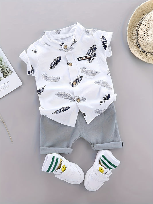 2-Piece Baby Boys’ Summer Outfit – Feather Print Short-Sleeve Shirt & Cotton Shorts Casual Set