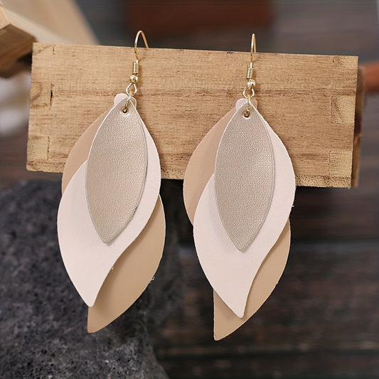 [3-layer Retro Dangle Earrings Gift] 3-layer Leaf Design Retro Dangle Earrings PU Leather Exquisite Gift For Women Daily Casual