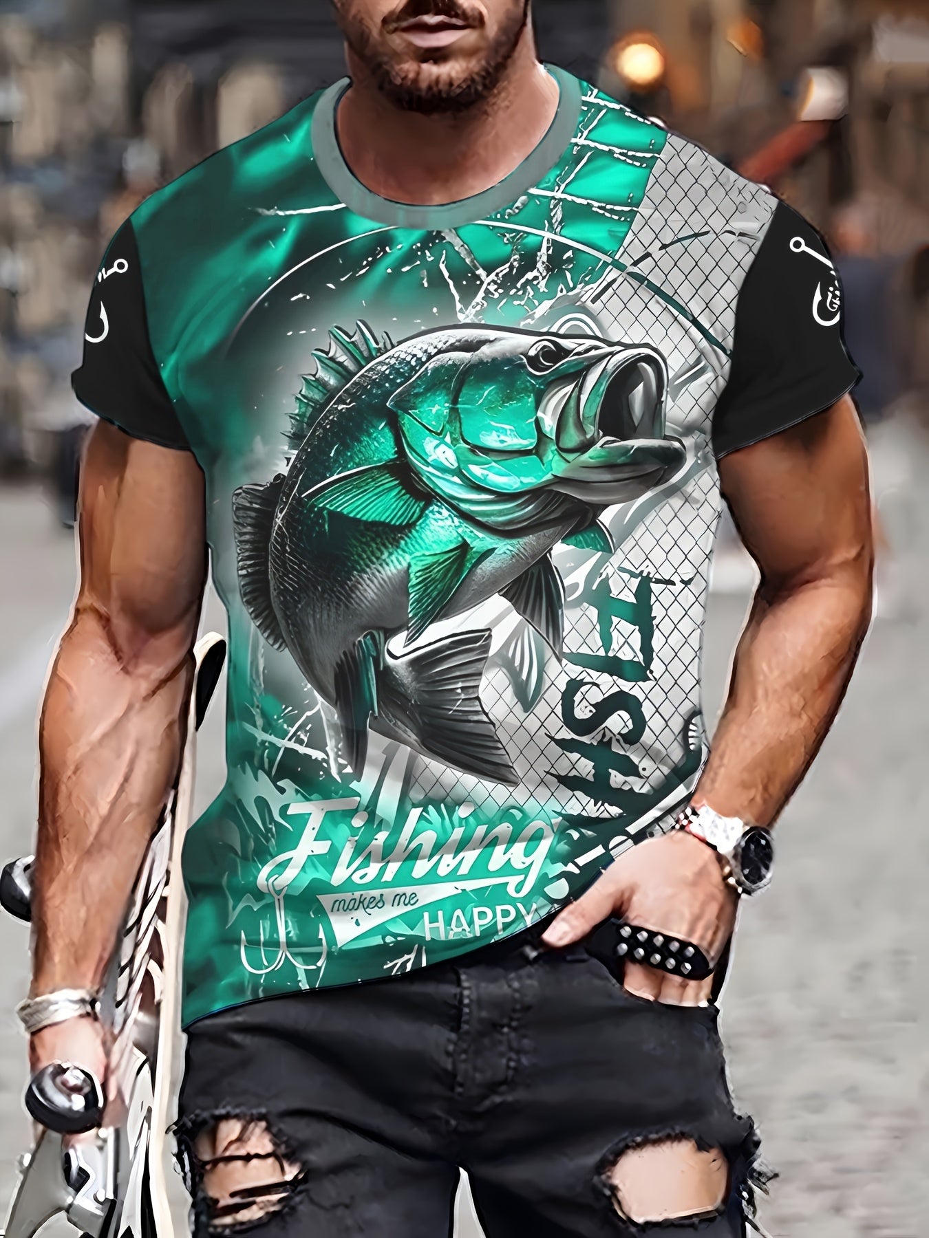 Men'S 3D Printed Fish T-Shirt | Suitable for Summer Outdoor Activities, Fishing, and Cycling | Crew Neck, Regular Fit, Slight Stretch Fabric