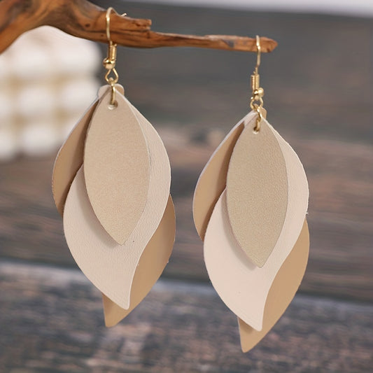 [3-layer Retro Dangle Earrings Gift] 3-layer Leaf Design Retro Dangle Earrings PU Leather Exquisite Gift For Women Daily Casual
