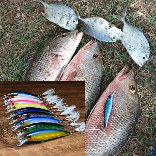 10pcs 3D Bionic Minnow Fishing Lures - Realistic Laser Eyes, Feather Treble Hook, Artificial Hard Baits for Catching More Fish, Perfect for Freshwater and Saltwater Fishing - 9cm/3.54inch, 7g