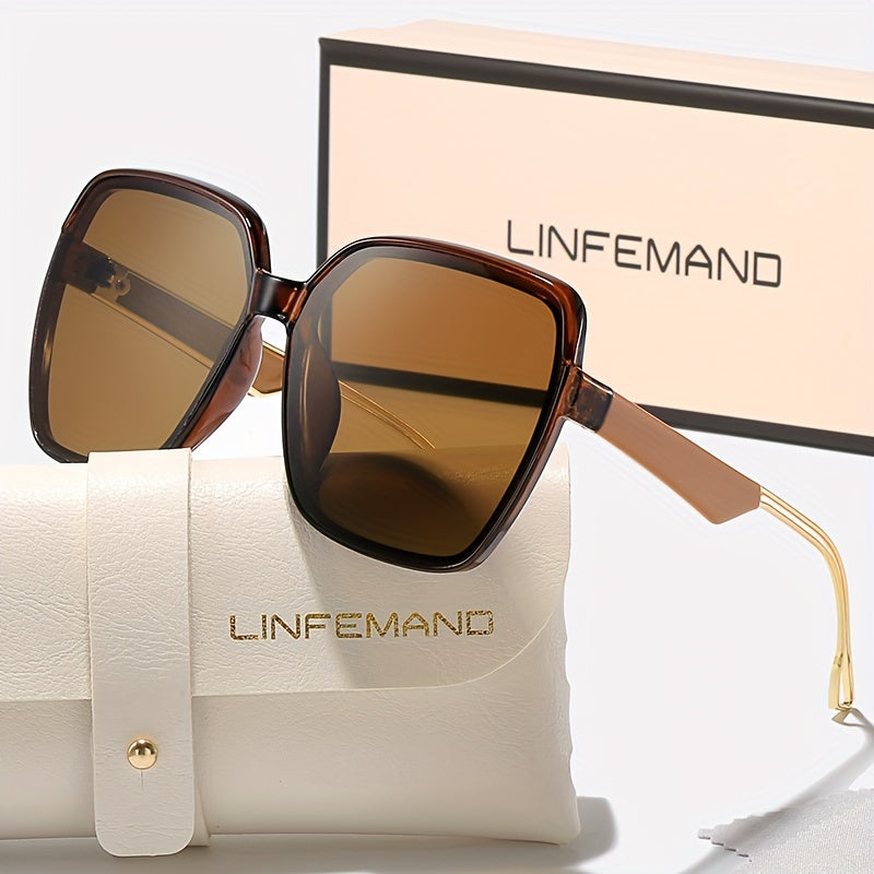 LINFEMAND Women'S Fashion Glasses - Large Rectangular Frame with Gradient Tinted Lenses, Golden Accents & Elegant White Case - Stylish Party Wear, Festival Gift, Festival Eyewear, Sophisticated Eyewear, Durable Eyewear - The Superior Findings Depot