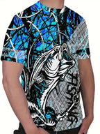 Men's Fashion Casual Crew Neck 3D Fishing Print T-Shirt, 100% Polyester Knit Fabric, Casual Style with Slight Stretch, Regular Fit Animal Pattern Tee
