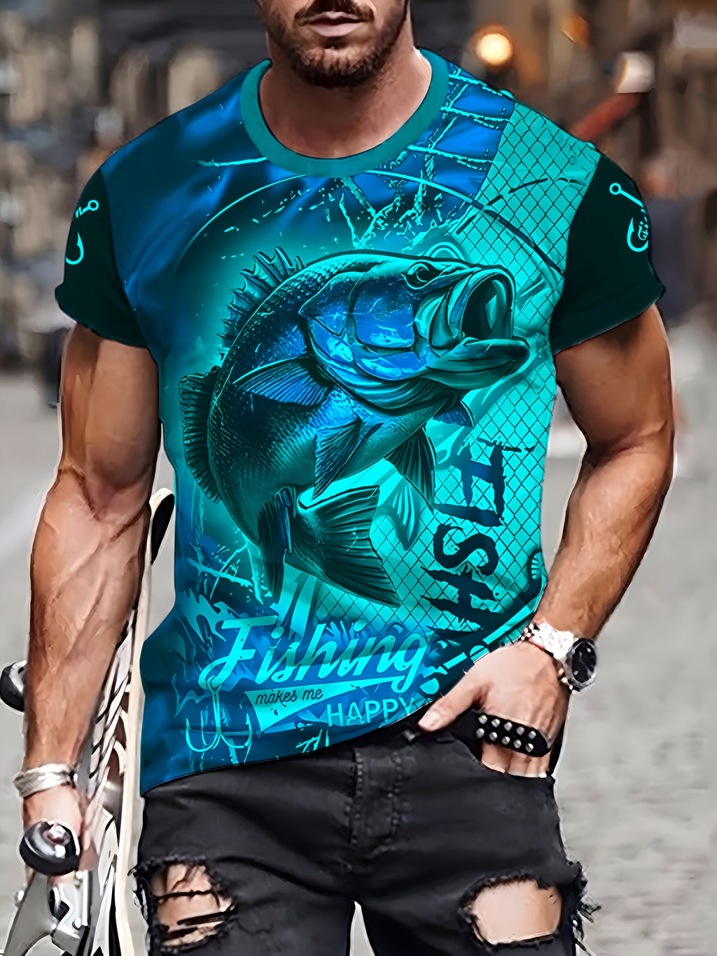 Men'S 3D Printed Fish T-Shirt | Suitable for Summer Outdoor Activities, Fishing, and Cycling | Crew Neck, Regular Fit, Slight Stretch Fabric