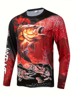 Men's Red Flame & Fish Print Long Sleeve T-Shirt - Quick-Dry