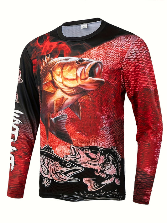 Men’s Breathable Long Sleeve Sports T-Shirt – Outdoor Fishing & Cycling Jersey with Fish & Flame Print, Lightweight Athletic Top for Spring, Summer & Autumn