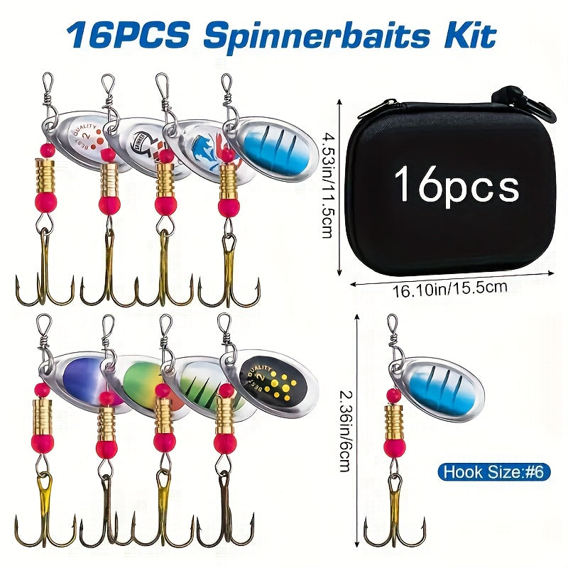 16pcs Premium Fishing Spinner Lure Set - Durable Artificial Hard Bait with Sharp Hooks for Bass Fishing, Perfect Gift for Easter, Women's Day, Valentine's, Mother's Day