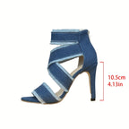 Women'S Denim Peep-Toe High Heel Sandals with Back Zipper and Cut-Out Design, Frayed Edge Detail, Summer 2025 Fashion, White Heels, Open Toe, Rubber Sole, Synthetic Insole and Upper, Fashion Sandals | Peep Toe Sandals | Intri - The Superior Findings Depot