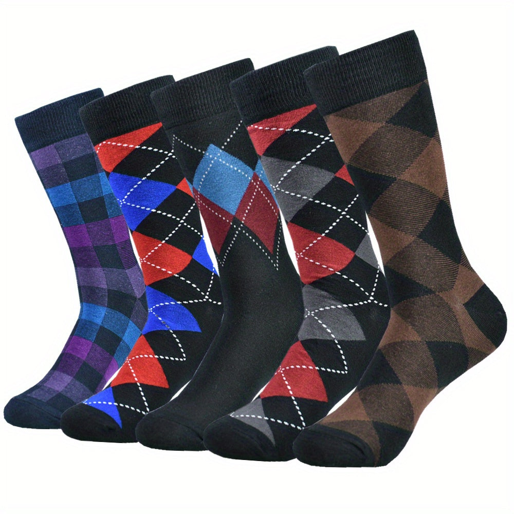 5pairs Men's Cotton Argyle Color Block Soft Crew Socks, Men's Business Socks, Multicolor Set - The Superior Findings Depot