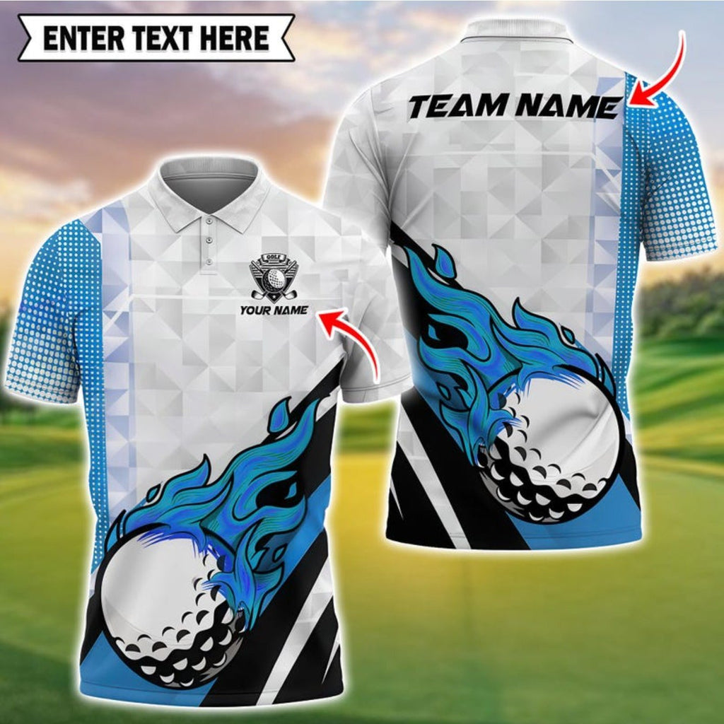 Men's Custom Golf Shirt - Blue & Black Flame with Golf Ball Accent
