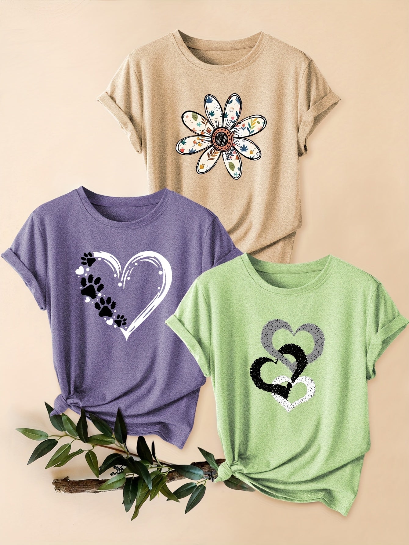 3pcs Women's Vintage-Inspired Graphic Tees - Floral & Heart Print Casual Short Sleeve T-Shirts, Soft Stretch Round Neck Tops for Spring Summer Fall,, Teal & Lavender, Seasonal Fashion, Artistic Design, Lightweight Tee, Printe - The Superior Findings Depot
