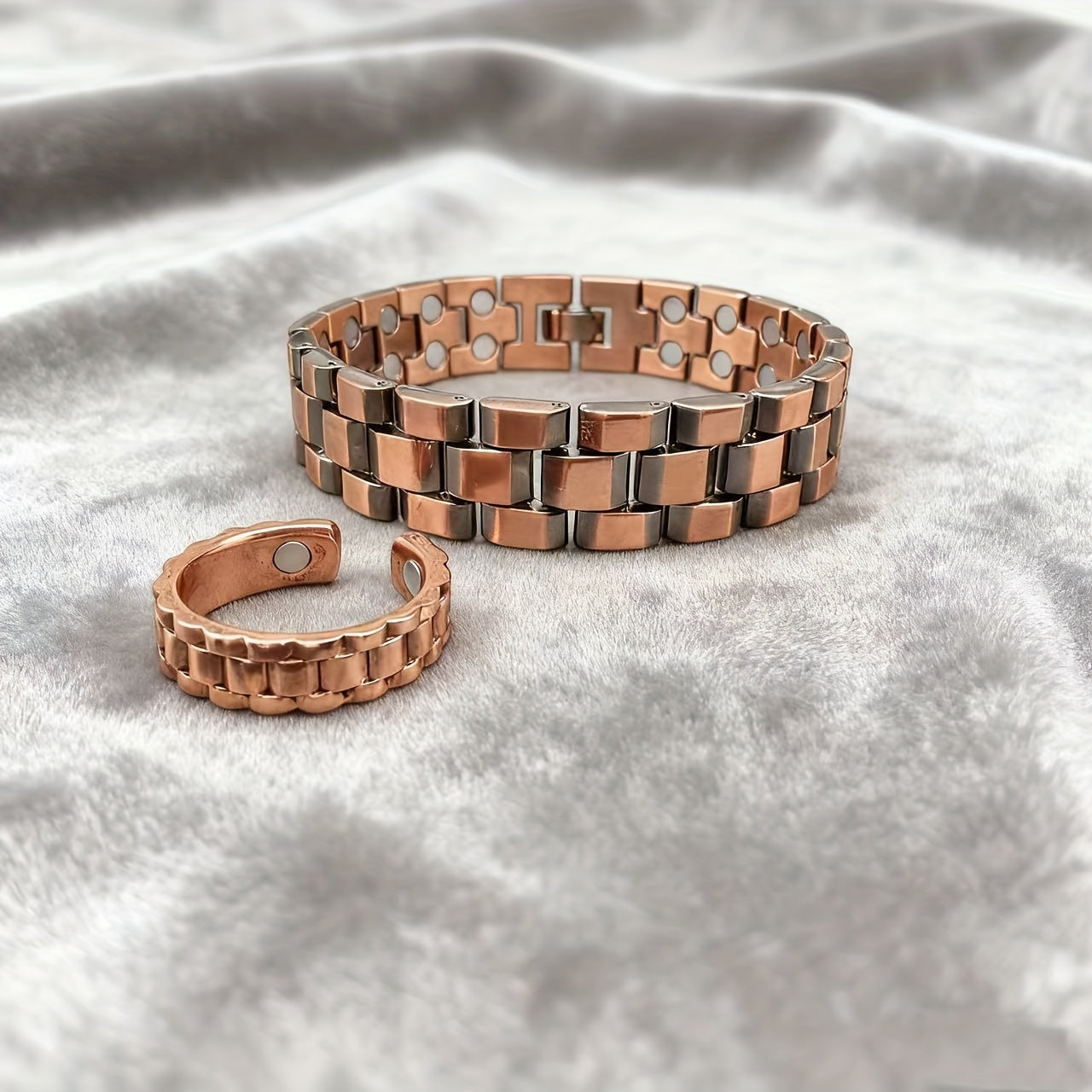 2pcss Men'S Magnetic Bracelet & Ring Set - Adjustable Copper Magnetic Wristband with Polished Finish, 2pcs Set for Wellness, Travel, Home, Office, Magnetic Bracelet For Men, Office Accessory, Sleek Design, Durable Constructio - The Superior Findings Depot