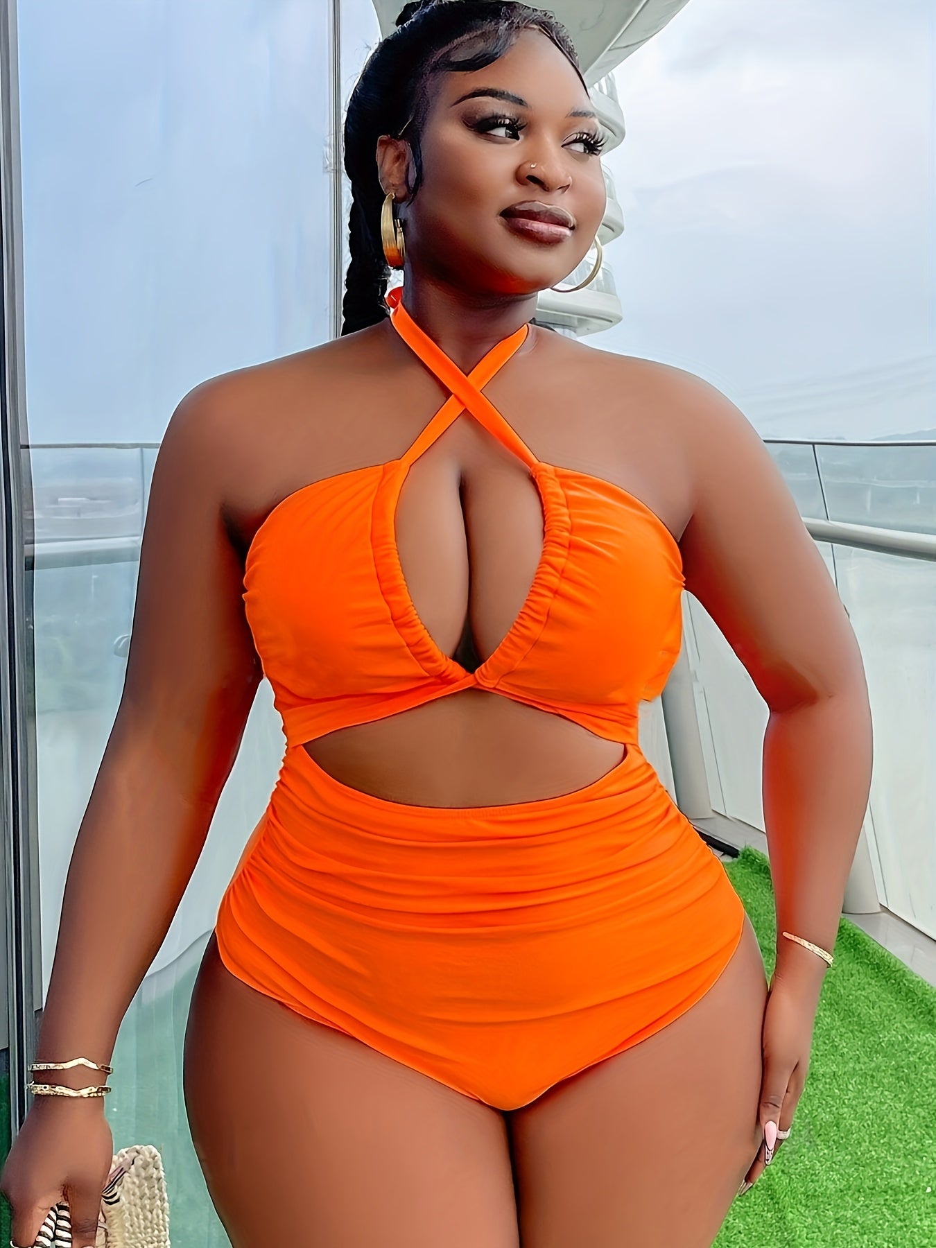 [Plus Size One-Piece Swimsuit] Unyooke Women's Plus Size Sexy Solid Orange One-Piece Swimsuit - Halter Neck High-Stretch Polyester Bathing Suit with Removable Chest Pads, Full Coverage & Smooth Texture for Beach, Pool, Vacati - The Superior Findings Depot
