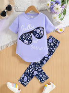 2pcs Girls' Clothing Party Slogan Large Glasses Print Pattern Drop Shoulder Irregular Hem Design Loose Short Sleeve T-Shirt + Floral Print Skinny Nine-Tenths Bottoms Set Girls' Summer Outfit Holiday Gift Girls' Fashion Casual - The Superior Findings Depot