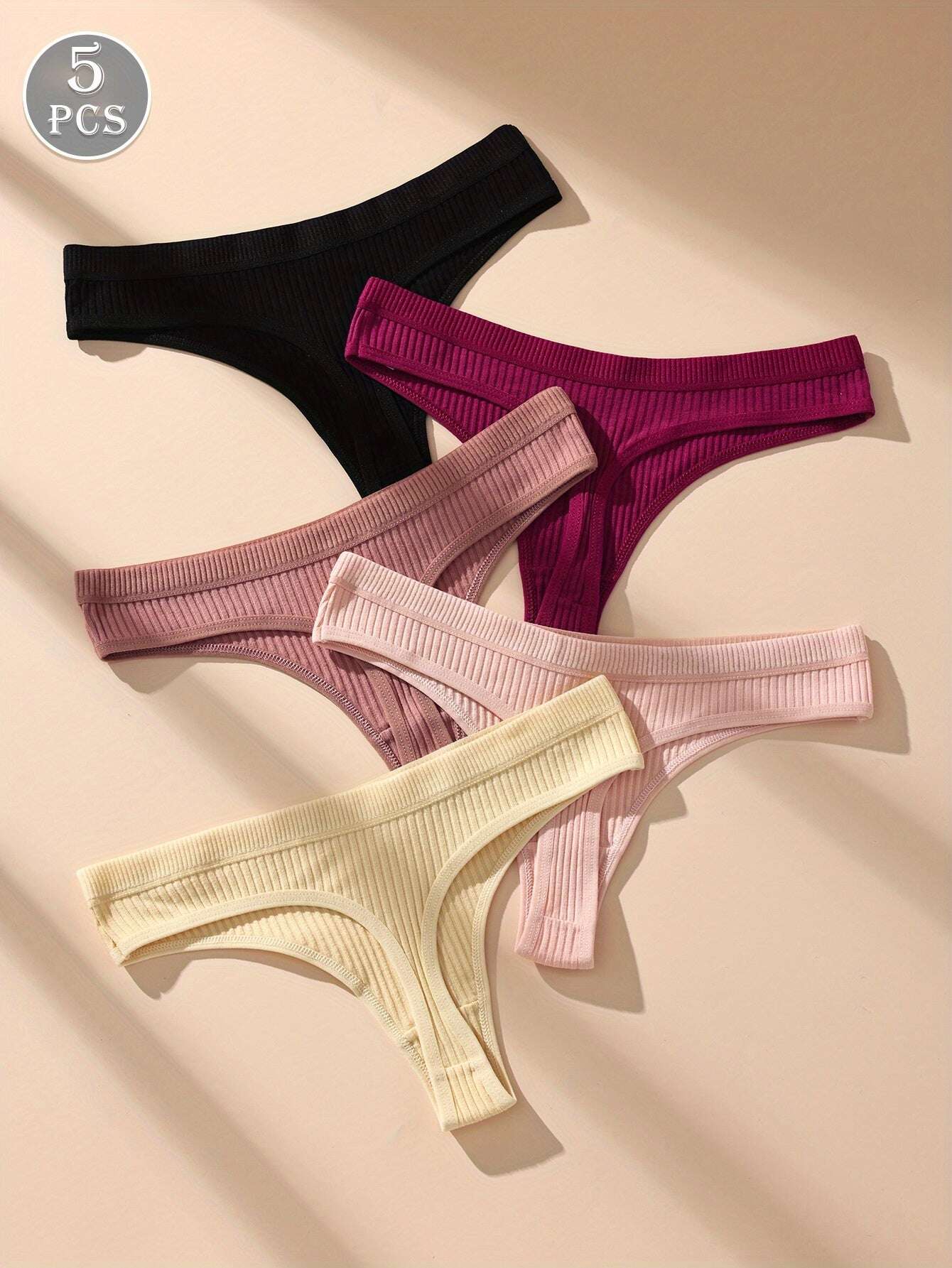 5pcs Women'S Low-Rise Thong Underwear - Soft Breathable Seamless Panties with Elastic Waistband, 5 Solid Colors (Black, Red, Pink, Beige, White) - Comfortable & Supportive V-String Design for Casual Attire, Comfortable Underw - The Superior Findings Depot