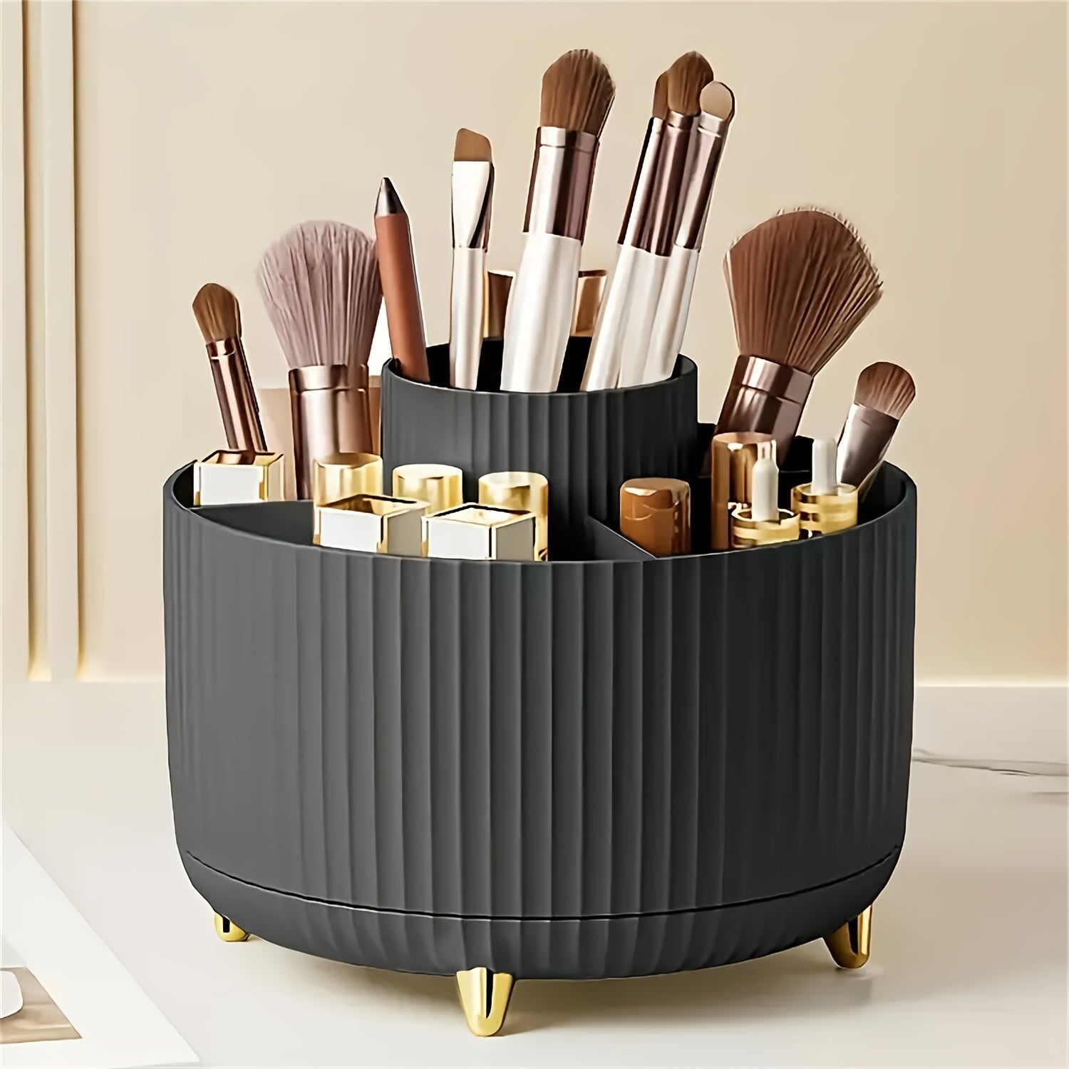 [5-Tier Rotating Organizer] 1pc ABERZEY 360° Rotating Makeup Organizer with 5-Tier Compartments - 360° Spinning Cosmetic & Desk Caddy, Durable Plastic White & Luxury Stripe Storage for Brushes, Lipsticks, Skincare, Statione - The Superior Findings Depot