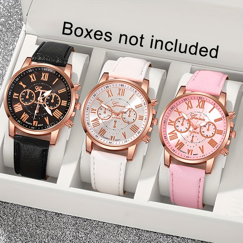 3pcs Fashionable And Simple Roman Watch Round Quartz Watch PU Leather Wrist Ideal Choice for Gifts - The Superior Findings Depot