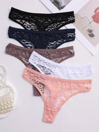 5pcs for Women, Mid-Rise, Transparent Floral Design, Sexy Lingerie, Breathable Underwear In - The Superior Findings Depot