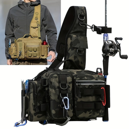 1pc Premium Waterproof Nylon Fishing Backpack - Multi-Functional Chest Bag with Adjustable Strap, Padded Shoulder Pads, and Multiple Compartments - Ideal for Fishing, Hiking, Camping, and Outdoor Adventures