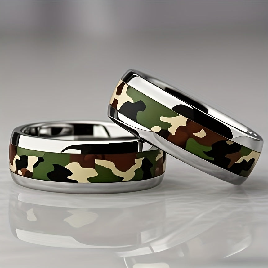 Men's Camo Stainless Steel Wedding Band - 8mm Green & Black