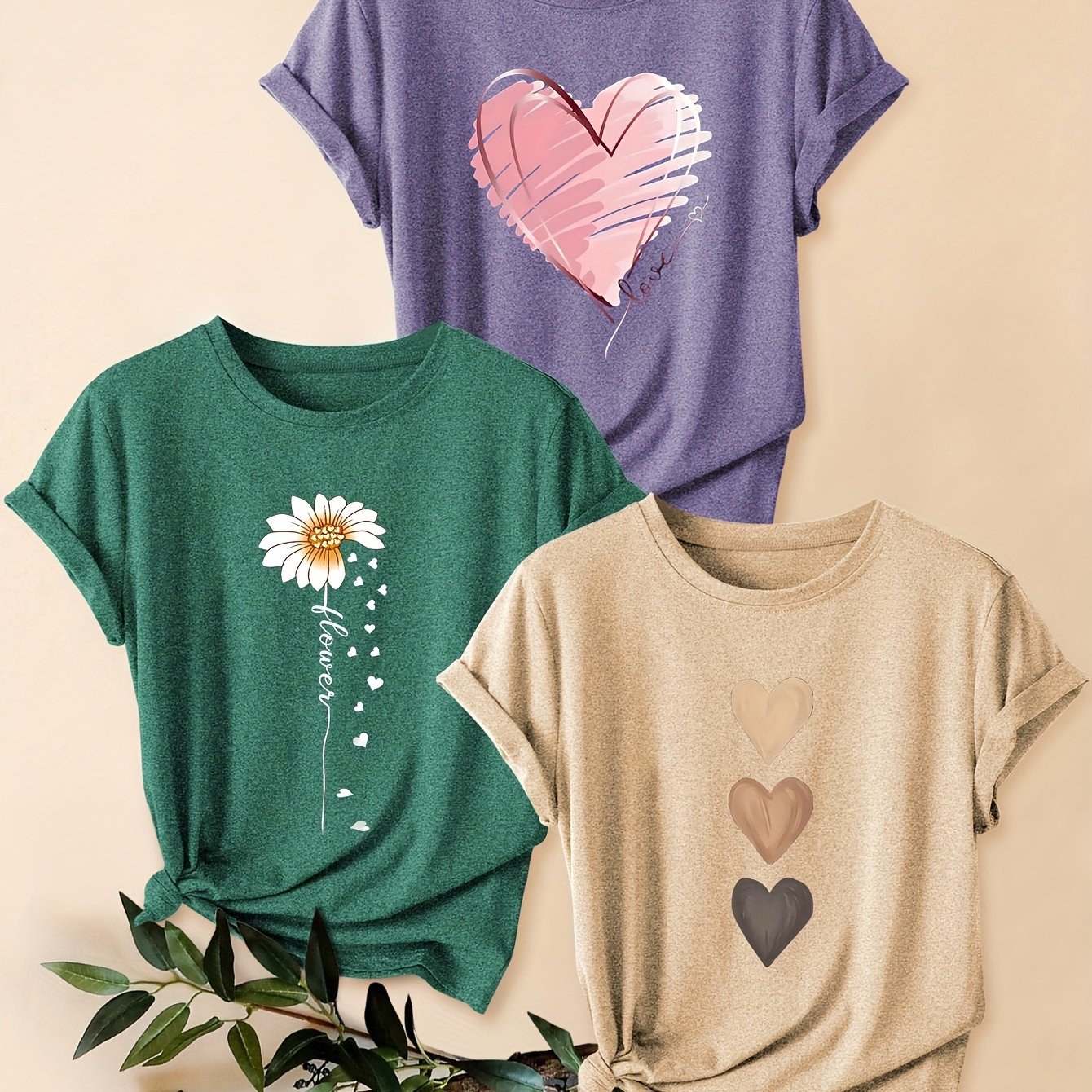 3pcs Women's Vintage-Inspired Graphic Tees - Floral & Heart Print Casual Short Sleeve T-Shirts, Soft Stretch Round Neck Tops for Spring Summer Fall,, Teal & Lavender, Seasonal Fashion, Artistic Design, Lightweight Tee, Printe - The Superior Findings Depot